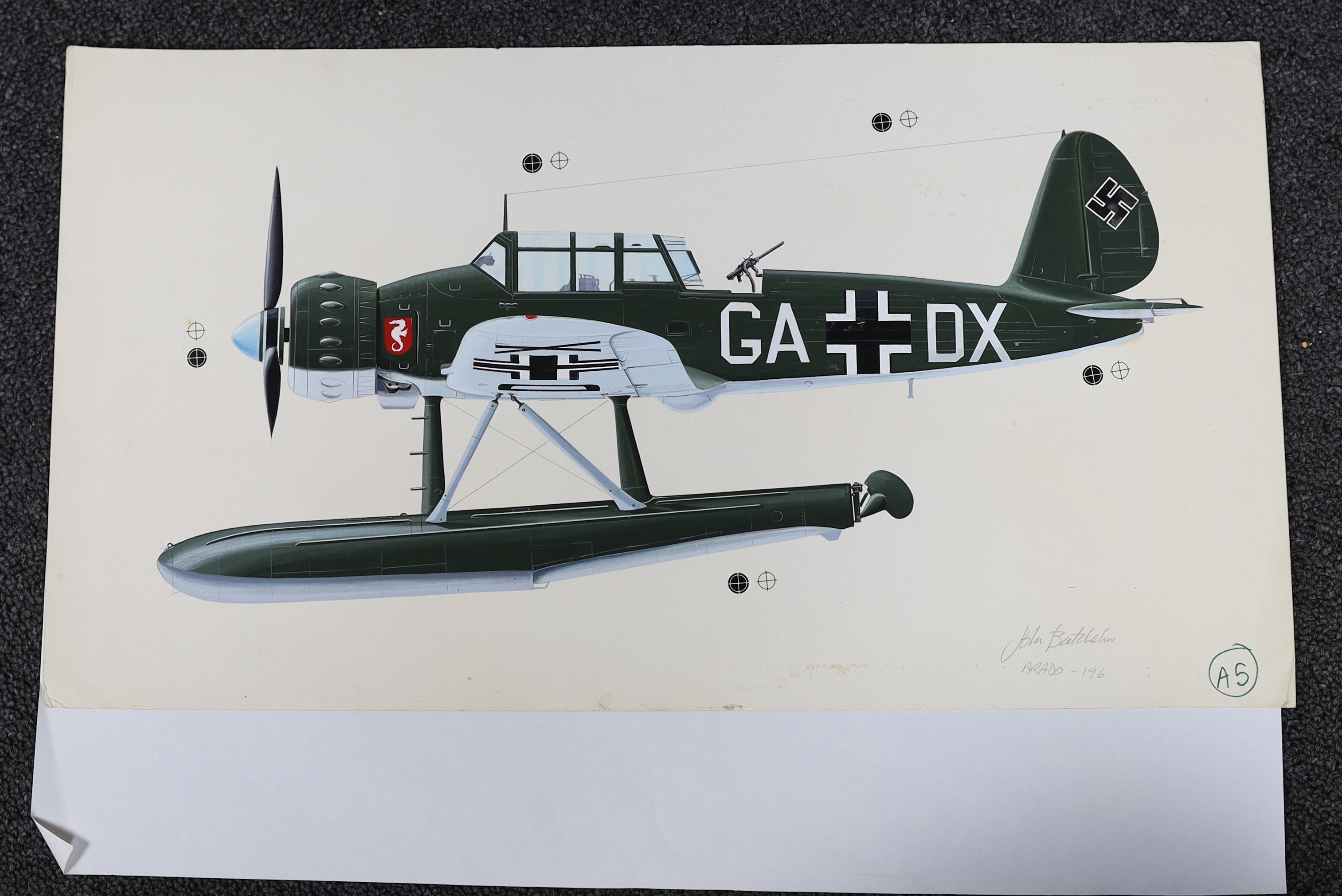 John Henry Batchelor MBE (1936-2019), Military aviation subjects, gouache, watercolour and pencil (7), largest 37 x 43cm, unframed, Please note this lot attracts an additional import tax of 5% on the hammer price